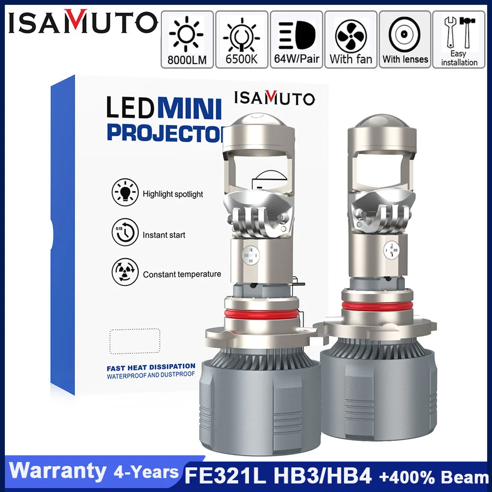 

ISAMUTO FE321L HB3 HB4 Светодиодный объектив проектора 9-36 В 64 Вт 6500 К 8000LM 9005 9006 Белый с турбовентилятором Автомобильная светодиодная фара (пара)