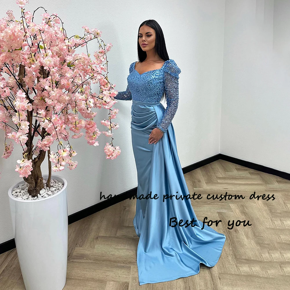 

Blue Mermaid Evening Dress Long Sleeve Square Neck Prom Party Dress Sequin Satin Arabic Dubai Formal Occasion Gown with Train