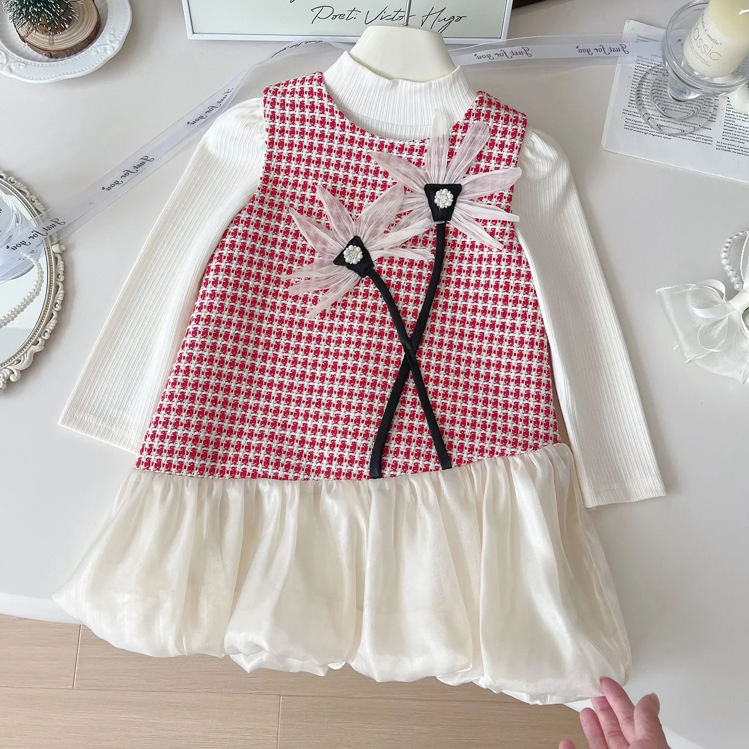 2024 Beautiful Girls Baby Spring Autumn Clothing Set 3D Flowers Plaid Dress+sweaters Fashion Kids Children Princess Clothes