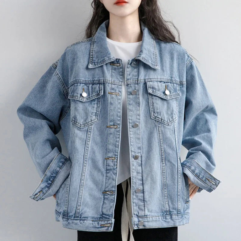 Vintage Women Jacket 2024 Autumn Winter Oversize Denim Jackets Washed Blue Jeans Coat Turn-down Collar Outwear Bomber Jacket