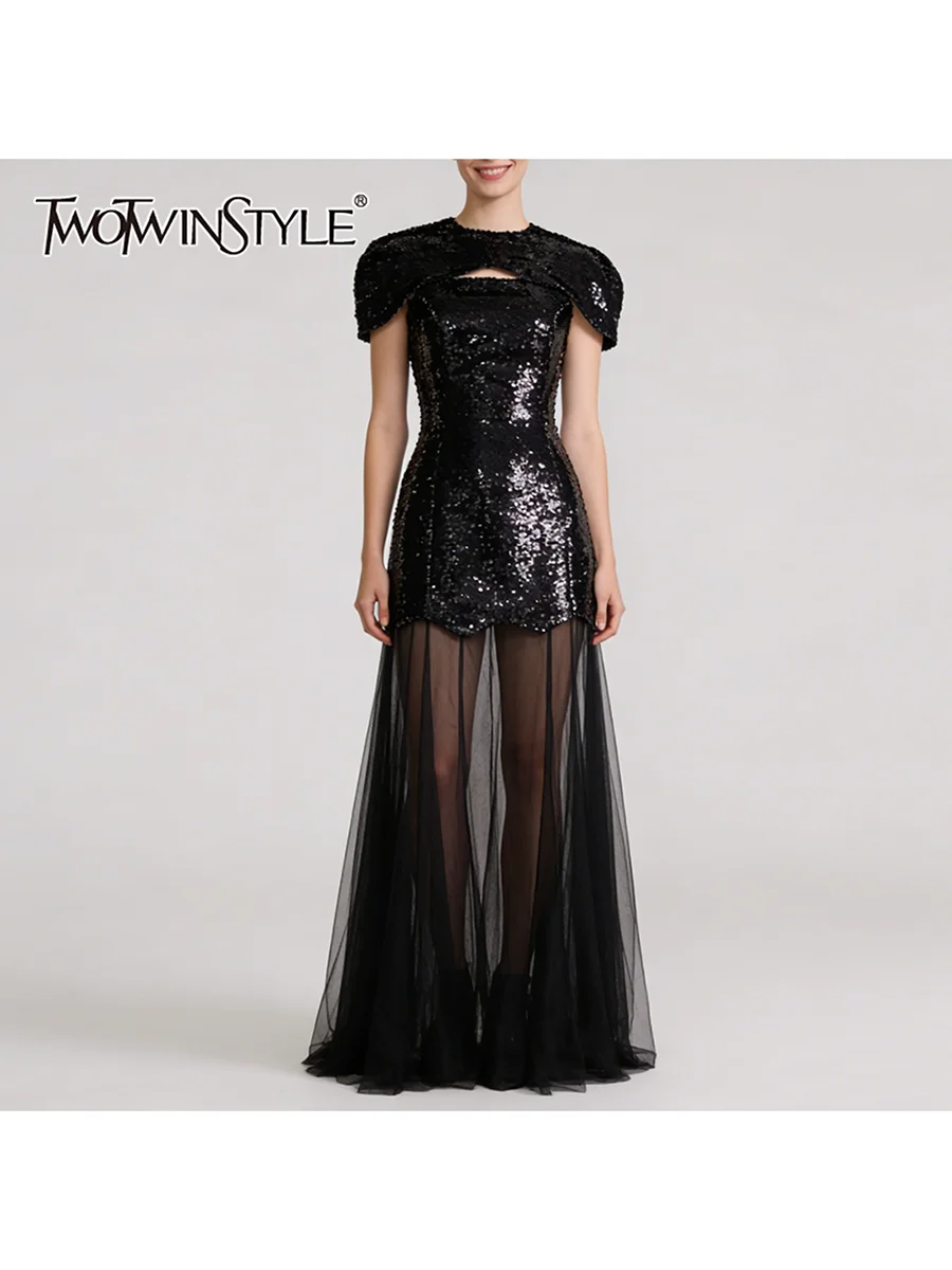 

TWOTWINSTYLE Новое женское модное длинное платье с пайетками, круглым вырезом, короткими рукавами и лоскутным дизайном, на бретельках, для стройности фигуры