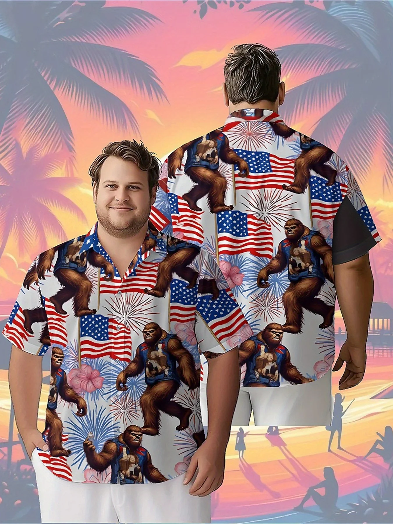 

Men's Plus Size Hawaiian Shirts Sasquatch US Independence Day Theme pattern, Button Shirts, Unisex Casual Clothing, Summer Tops