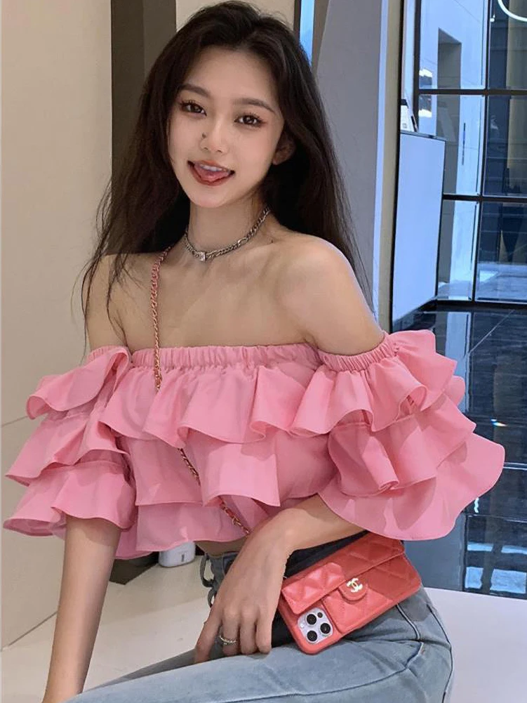 Korean Off Shoulder Fashion Woman Blouse Stacked Ruffles Crop Top Shirt Summer Designer Short Sleeve Chiffon Sexy 2023 New