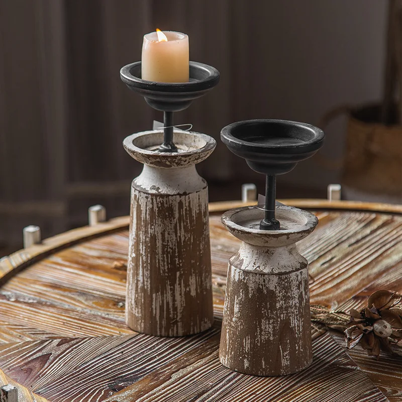 Wooden retro candlestick Wooden size dining table atmosphere ornament Spot photography shooting props