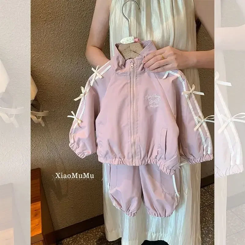 Girls Set Spring and Autumn New Style Children's Western Style Korean Edition Bow Coat Pants Casual Sports Two Piece Set
