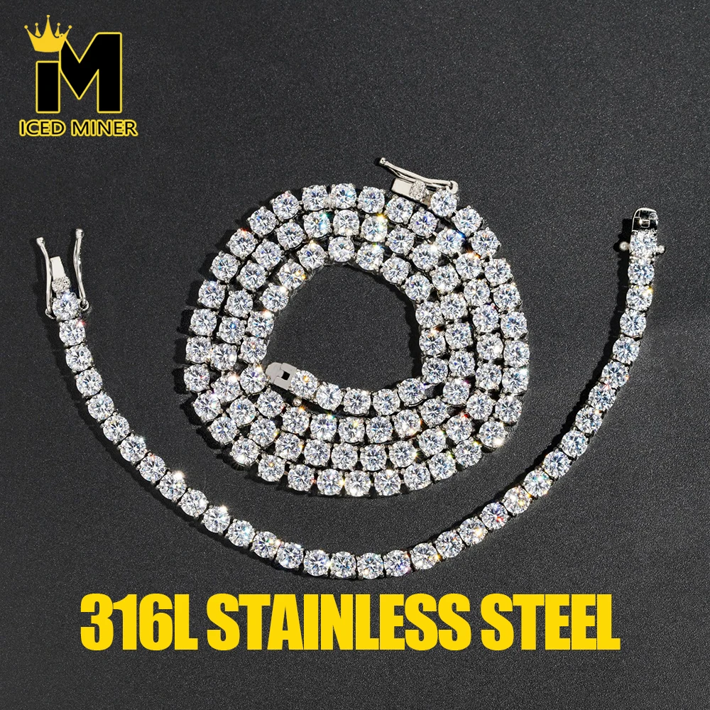 5mm 316L Stainless Steel Tennis Cuban Necklaces for Men Women Bling Zircon Hip Hop Jewelry Free Shipping