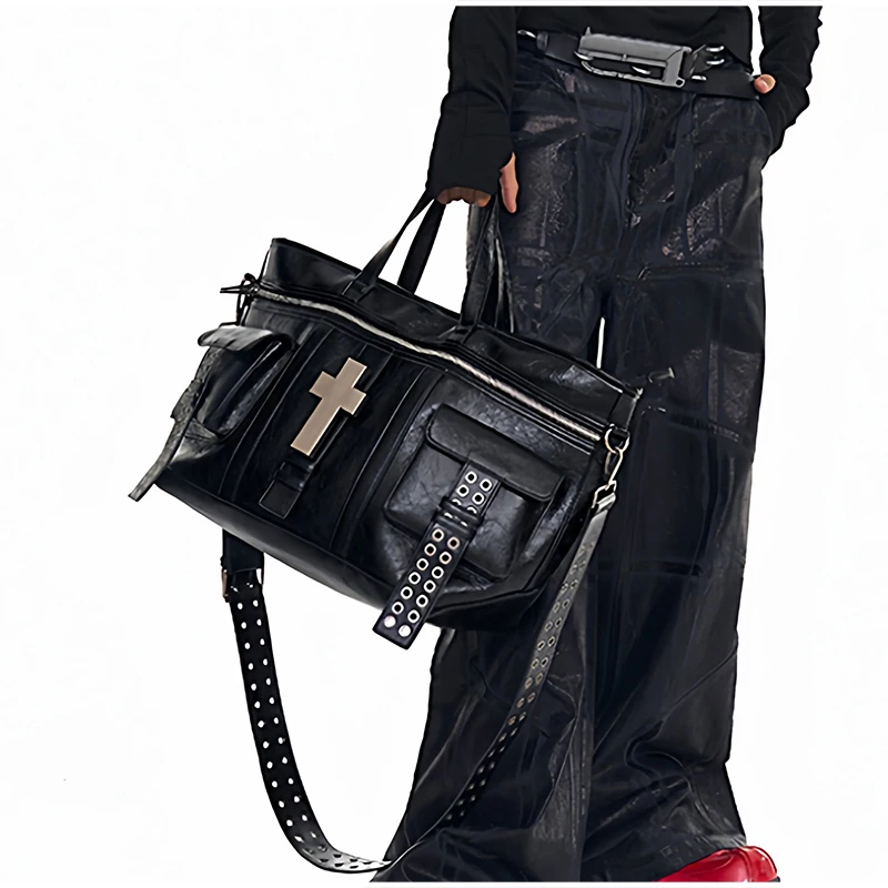 Vintage Distressed Tote Bag mit Kreuznieten, Große Unisex Umhängetasche, Reißverschluss-Handtasche aus Cracked PU für Damen – Detail 36