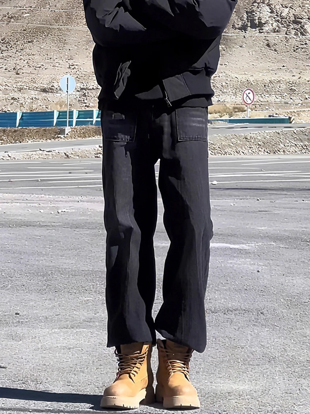 

Black Washed Lightning Pattern Knife Jeans Men's Autumn Winter Boots Straight Leg Workwear Trousers High Waist