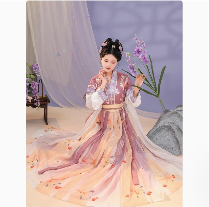 زي Hanfu النسائي القديم على الطراز الصيني، تنورة بطول الخصر ذات الياقة المتقاطعة للارتداء اليومي في الصيف