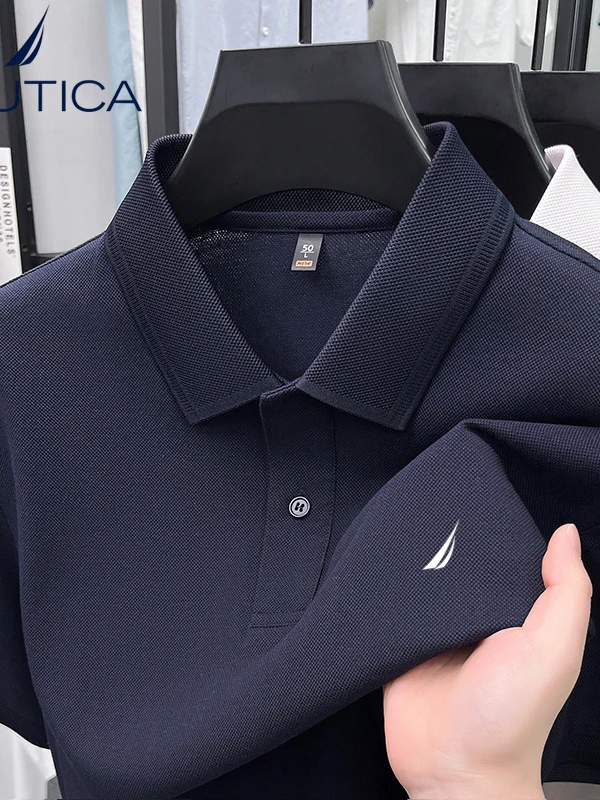 Camisa  Masculina Nautica de Manga Curta, Casual de Verão, em Algodão Puro com Brilho de Seda, Gola Virada, para Uso Casu...