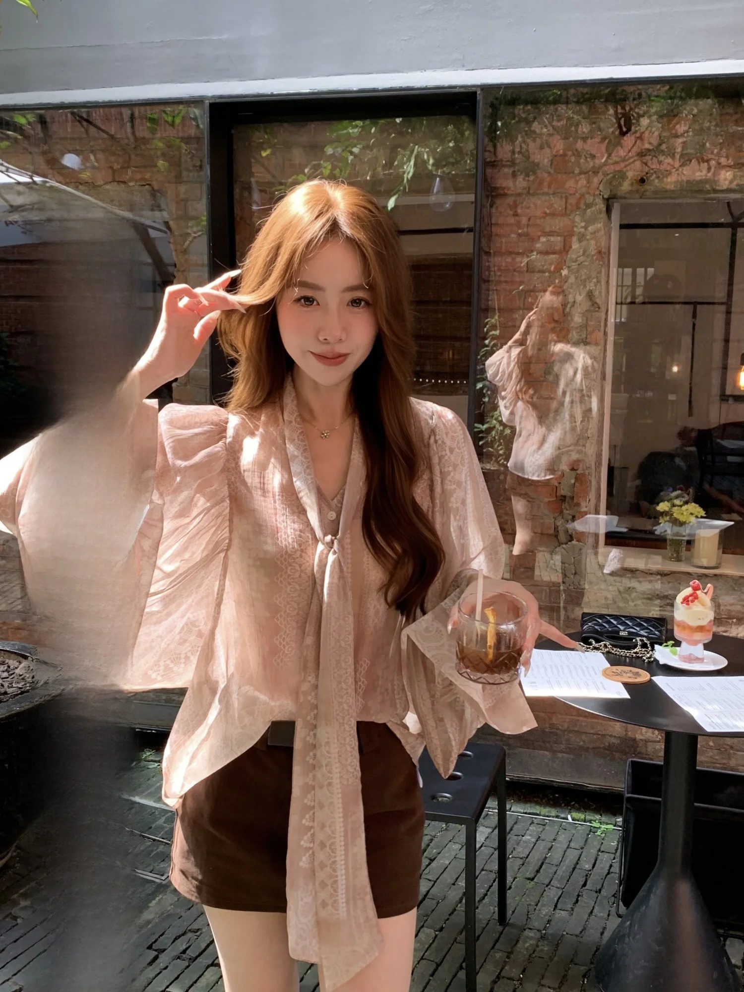 

Romantic Printed Thin Transparent Viscose irt with Sa Baby6 Loose Fit Long Sve Lantern Sve Women's French Sle irt