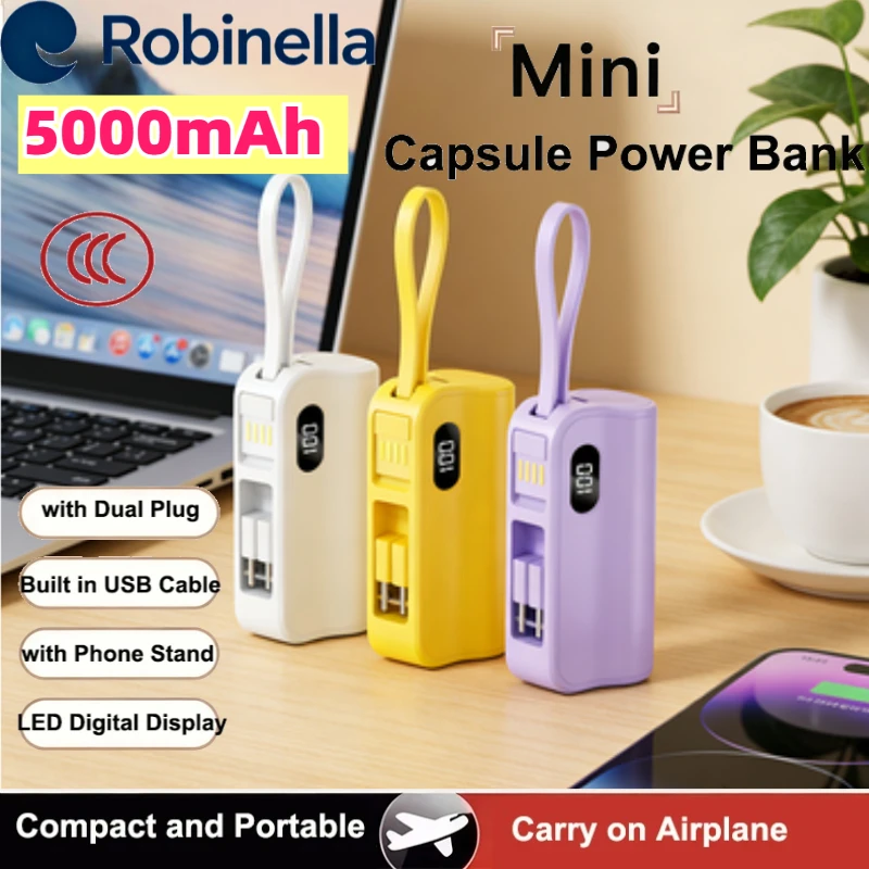 

5000 мАч Mini Capsule Power Bank Встроенный кабель с двойным разъемом Быстрая зарядка Внешний аккумулятор для iPhone 17 16 X Samsung Xiaomi Huawei