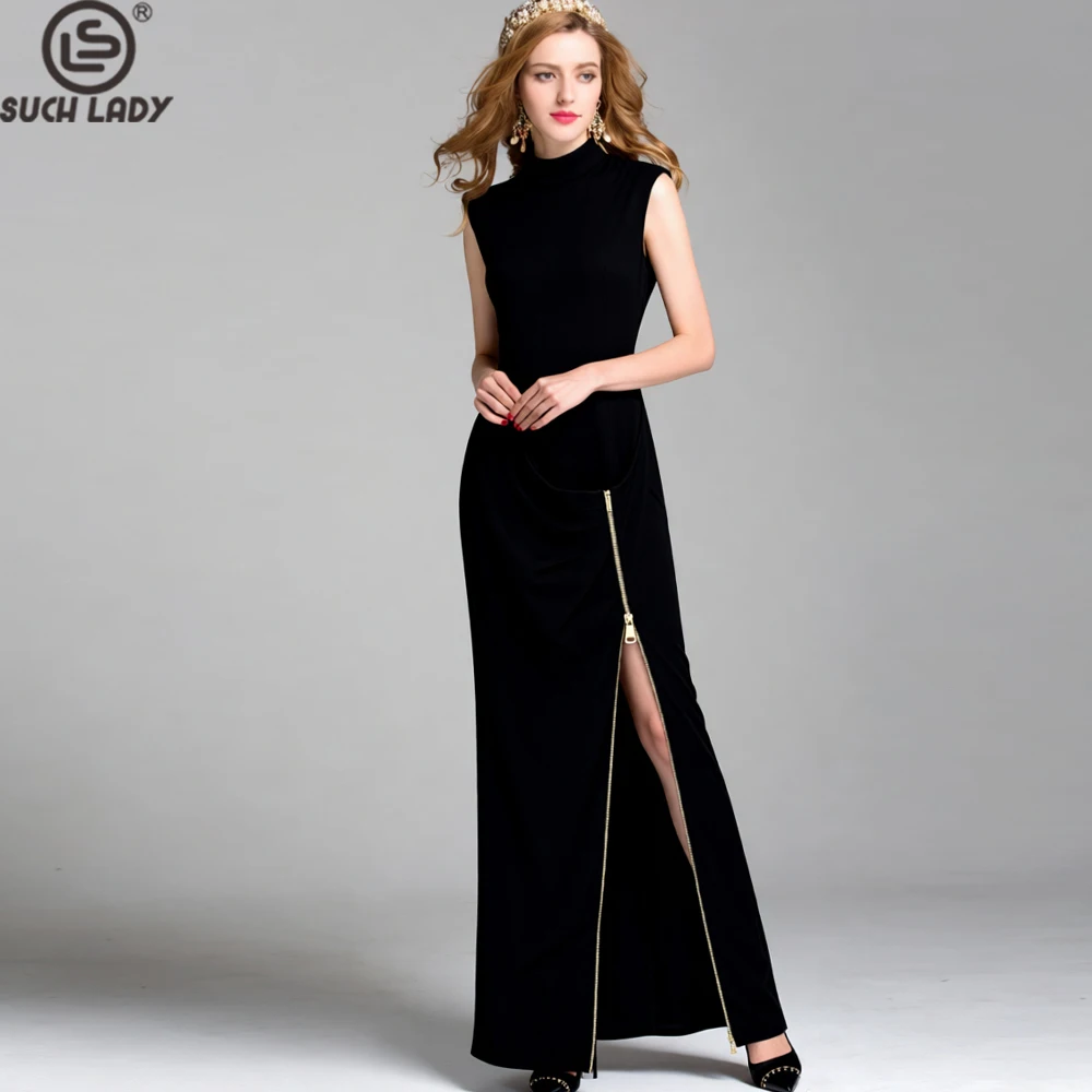 Women's Black High Neck Sleeveless Maxi Dress - Elegant Gold Zipper Side Slit Long Gown for Party, Evening, Wedding