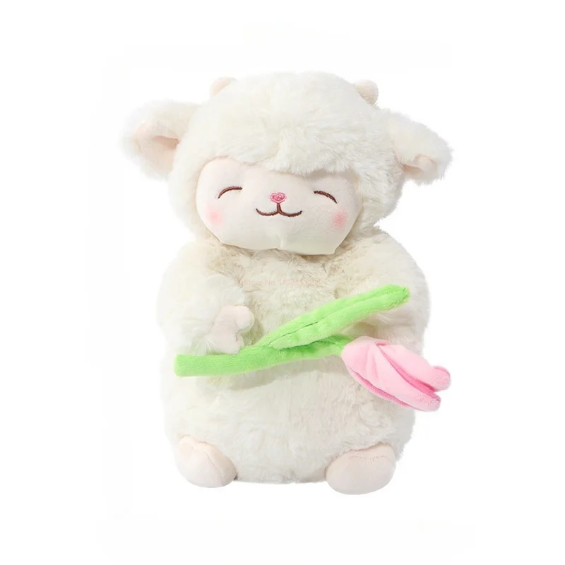 Kawaii Stuffed Sheep Plush Toy Sweet White Sheep Hold Tulip Flower Soft Stuffed Plush Toy For Kid Birthday Gifts