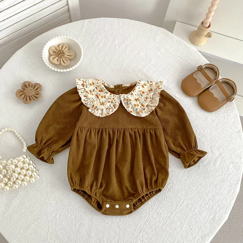 2026 Fall Korean Style Girls Floral Print Romper Newborn Romper Sister Set Matching Outfits Baby Bodysuit with Ruffle Trim Cute