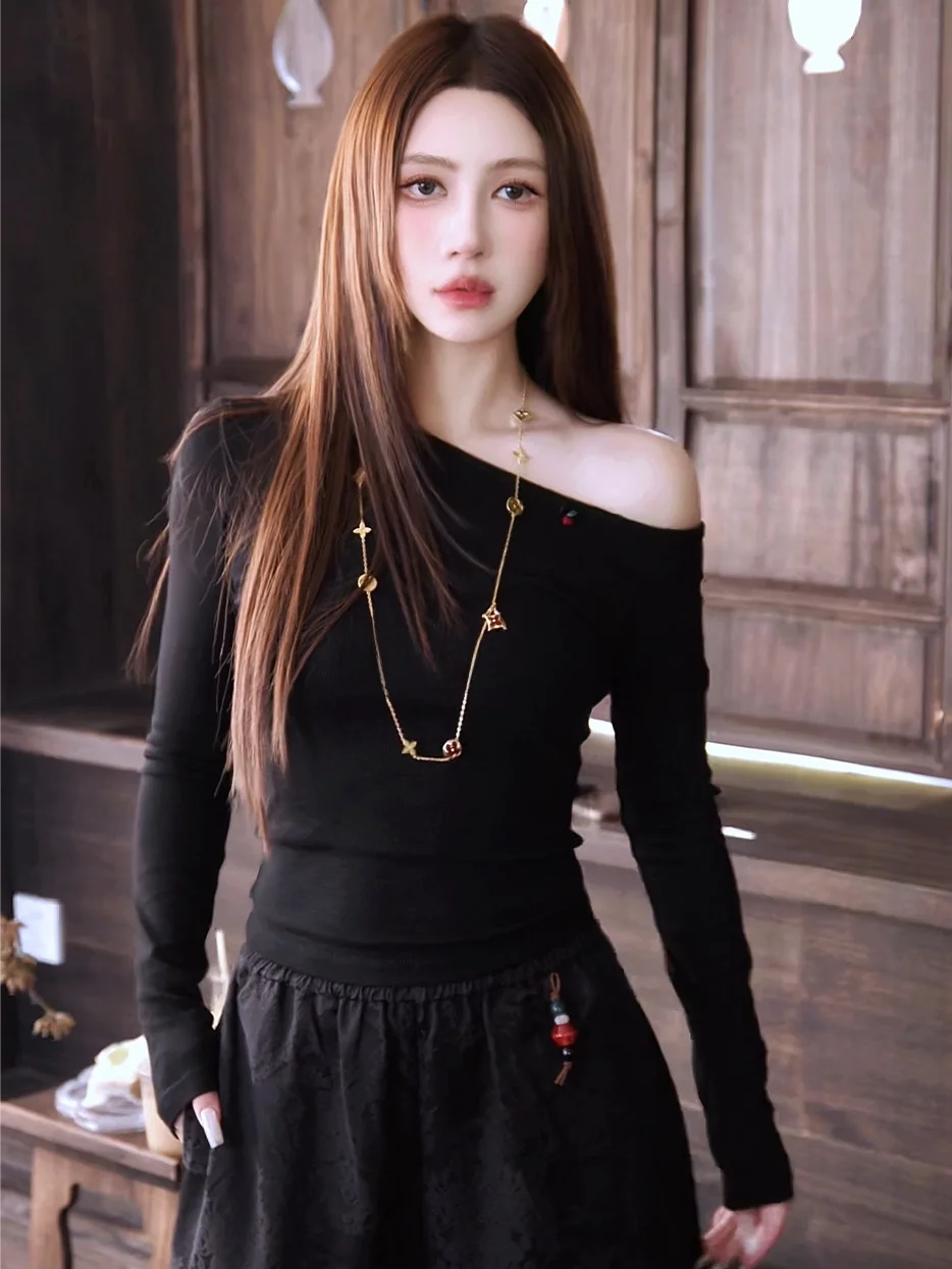 

Женский эластичный вязаный топ Gyantong Amber Glow с длинными рукавами и асимметричным плечом, облегающий, DD220, модный, из хлопка