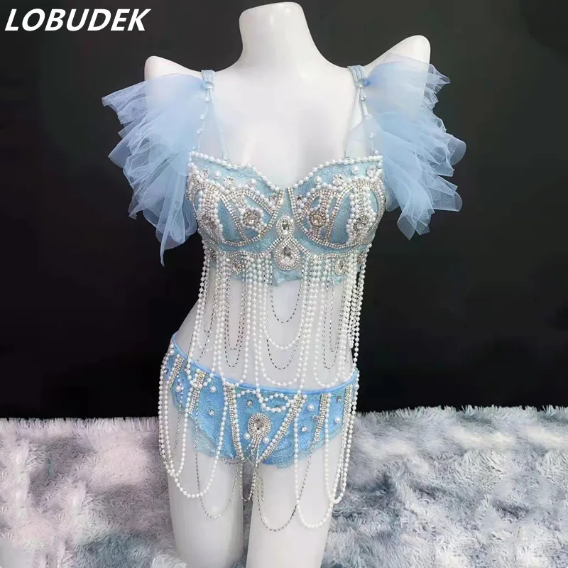 섹시한 라인스톤 태슬 비키니 스커트 폴댄스 의상 여성 DJ 가수 댄서 나이트클럽 무대 의상 클럽 생일 파티 코스튬