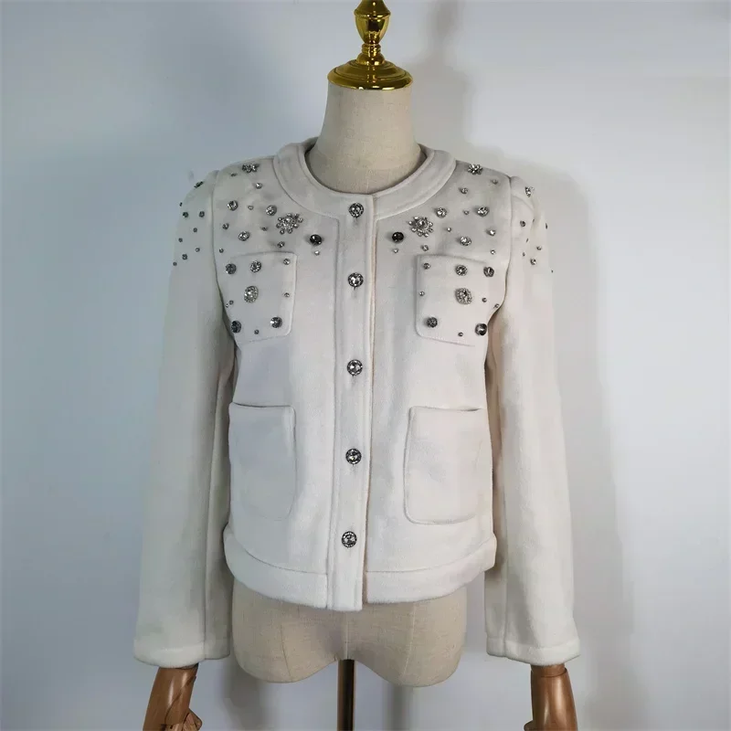 2024 New Fashion Winter Womens Two-sided Cashmere Full Sleeve O-Neck Pockets Diamonds Embroidered Flares Wool Casual WhiteJacket