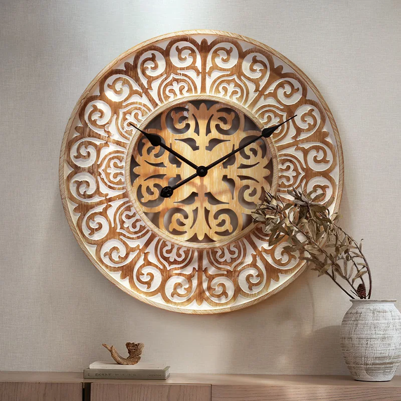 Creative solid wood decorative wall clock, retro carved wall  silent art clock, bedroom round clock