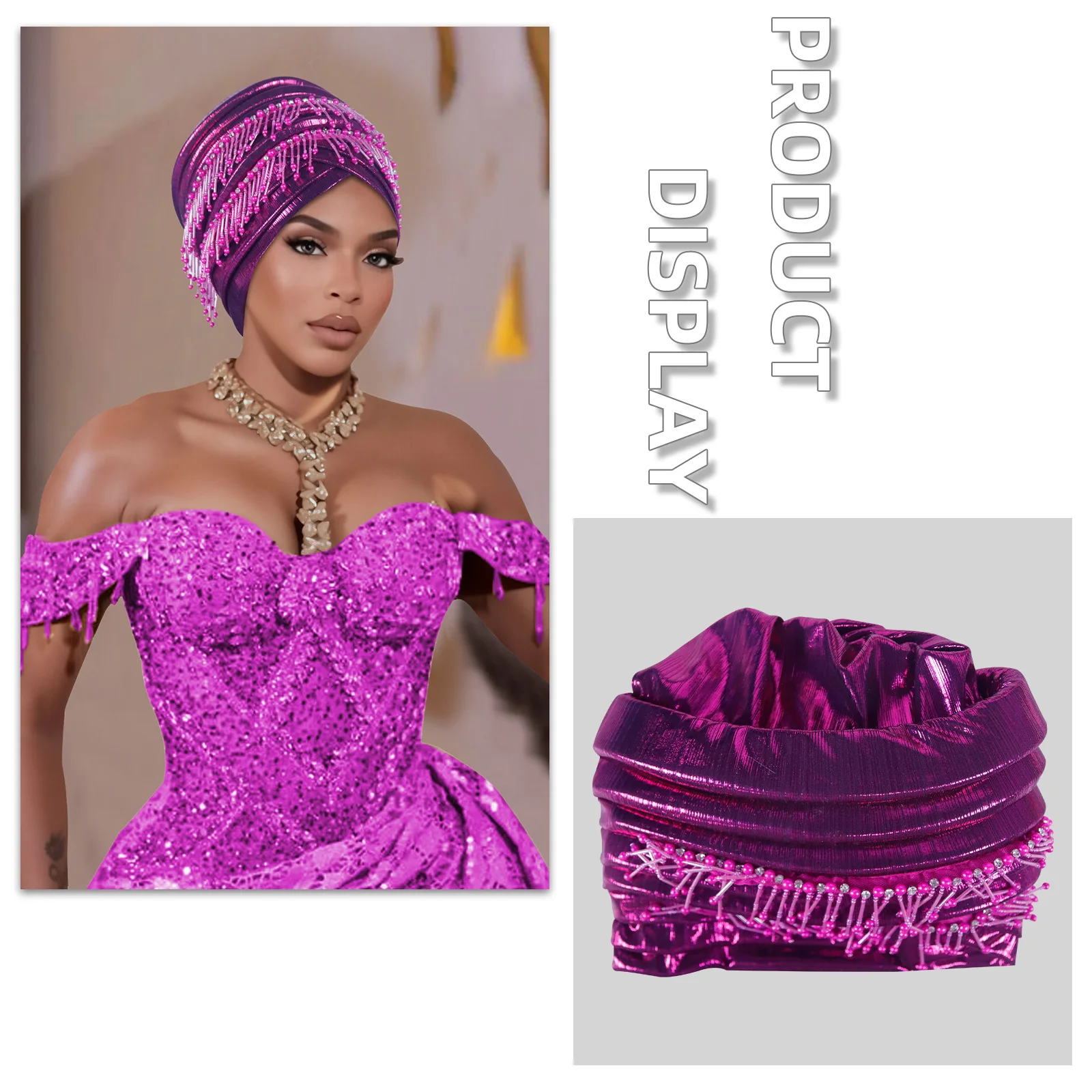 Elegant Afrcian Auto Gele Headtie Female Head Wraps Bonnet Turbante Mujer Beaded Tassels Turban Cap for Women Muslim Hijab Hat