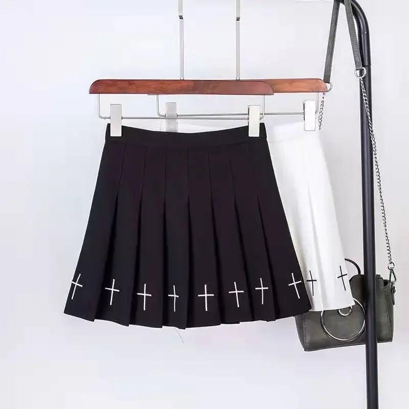 Cintura alta mini saias pretas gótico streetwear cruz impressão plissado saias femininas casual faculdade lolita harajuku saia