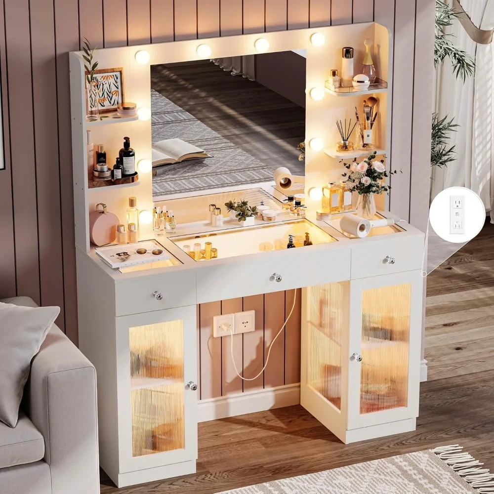 makeup vanity with glass top, white vanity desk with mirror and lights, big vanity with drawers & cabinets for bedroom, cute van