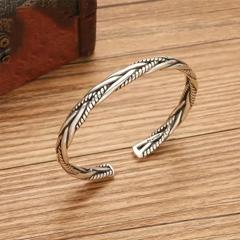 One, European and American Antique Silver Bracelet, Male and Female Personality, Fried Dough Twists Opening Adjustable Bracelet