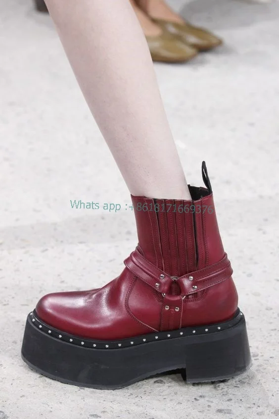 Fashion Wedge Platform Leather Ankle Boots Women Buckle High Heel Boots 2023 Round Toe Lady Design Shoes