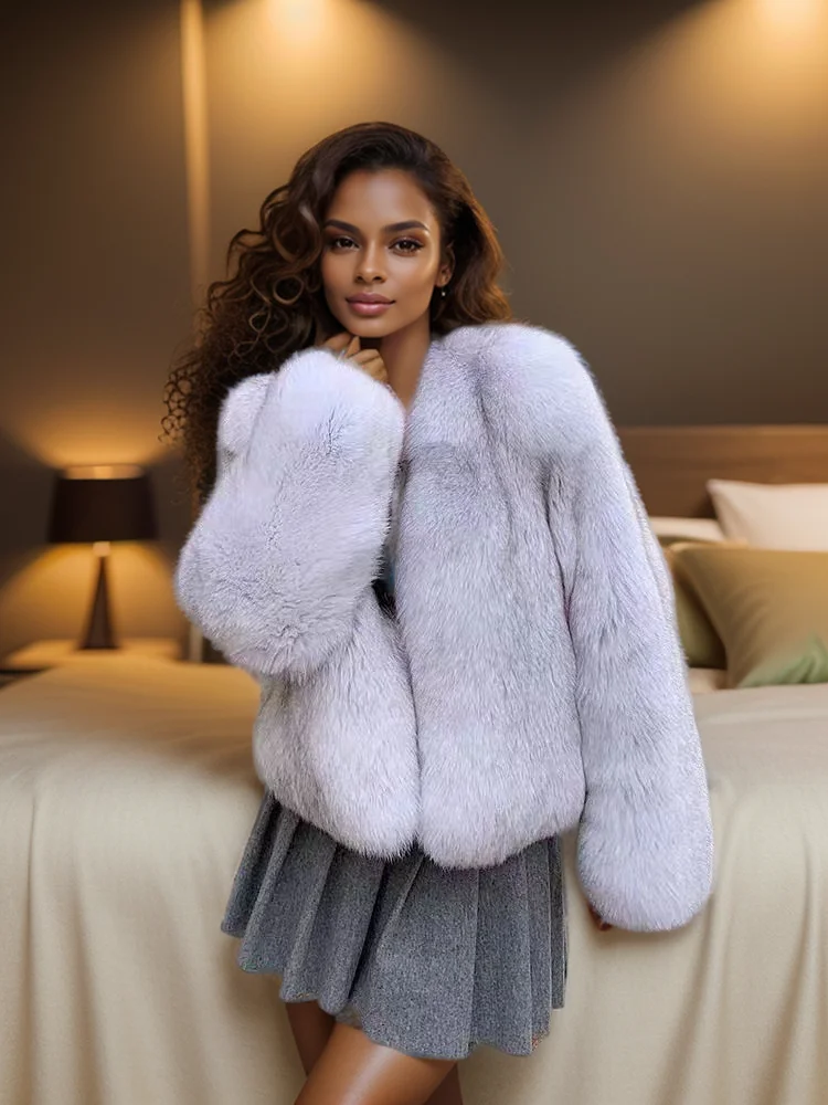 Winter warm whole leather fox fur coat V-neck fashion light luxury blue fox natural color fur genuine fur coat