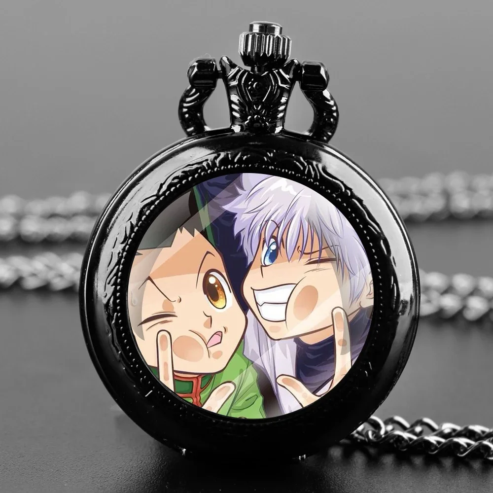 Hot Anime Hunter X Hunter Glass Dome Pocket Watch with Chain Necklace Vintage Quartz Pendant Watches Mens Women Gifts for Kids