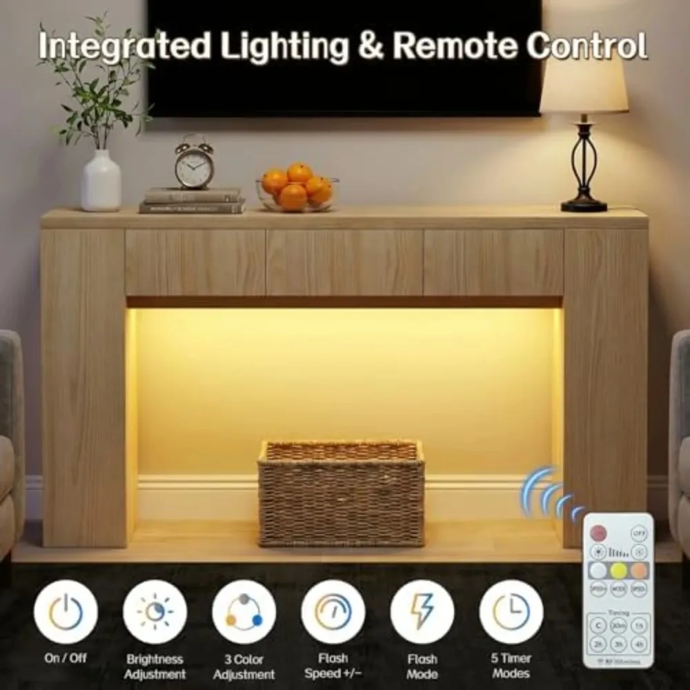 Entryway Table with 3 Drawers & Charging Station, 63" Console Table | with LED Lights, Side storage Shelves, Vintage image 4