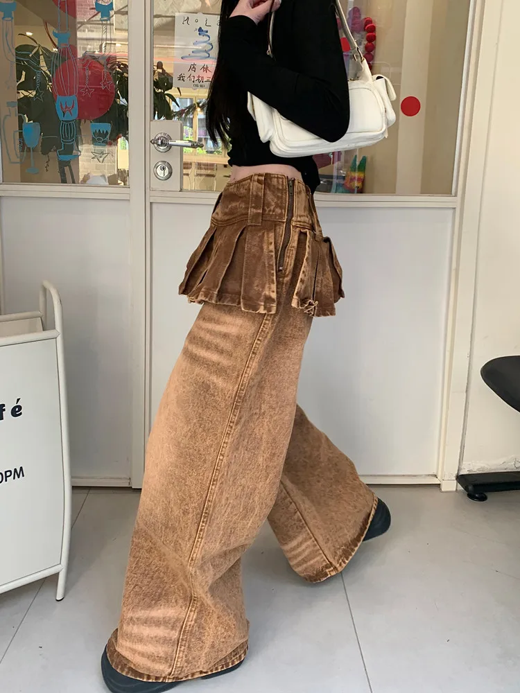 2026 Cyber Y2K Streetwear Vintage Braune Baggy Stacked Jeans für Damen – Weite Bein Denim-Hose Pantalon Femme – Detail 12