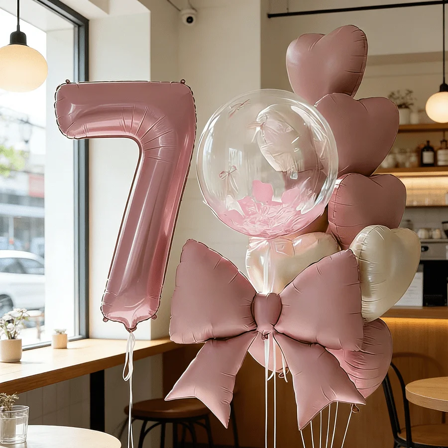 18-teiliges Rosa Geburtstagsparty-Set, 32-Zoll-Zahlen- und 0-9-Folienballons, Transparente, Matte Rosa Schleifen, Macaron- und Creme-Herzballons Deko