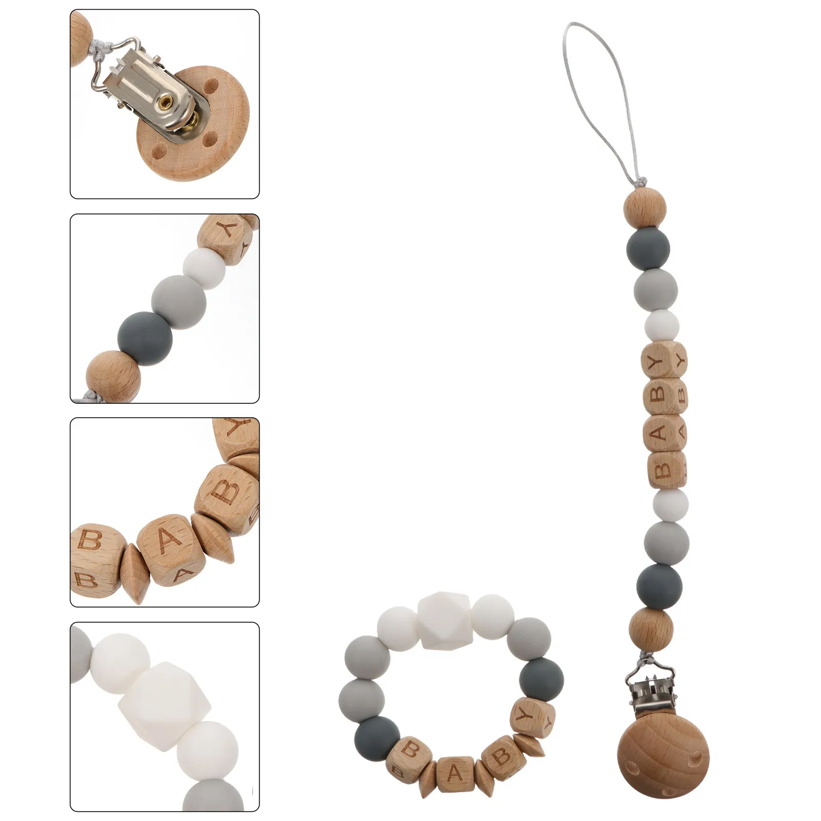 1 Set de Mordedores de Silicona para Bebés, Mordedor de Madera con Diseño de Dibujos Animados para Aliviar el Dolor de Dentición, Cadena para Chupete, Mordedor de Entrenamiento para Bebés