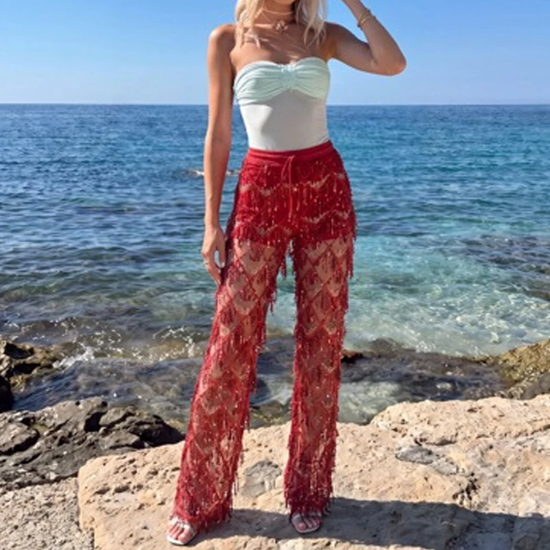 Women Mesh Fringe Flare Pants Drawstring Waist Sheer Diamond Crochet Tassel Wide Leg Trousers Beach Cover Up Party Bottoms Mujer
