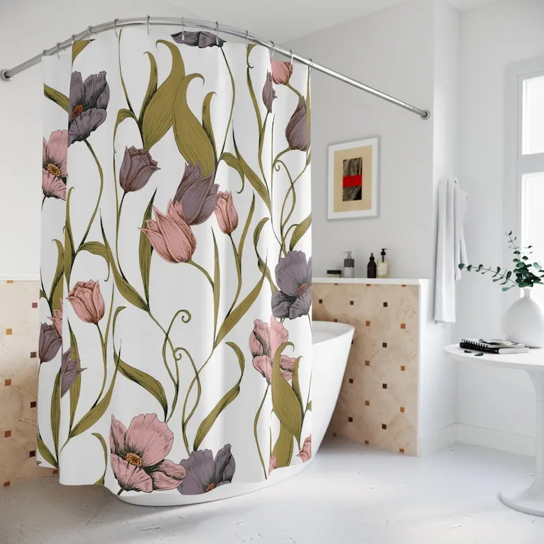 

Spring Floral Shower Curtains, Vintage Wildflowers Waterproof Fabric Bath Decor, Bohemian Vintage Botanical Bathroom Curtains
