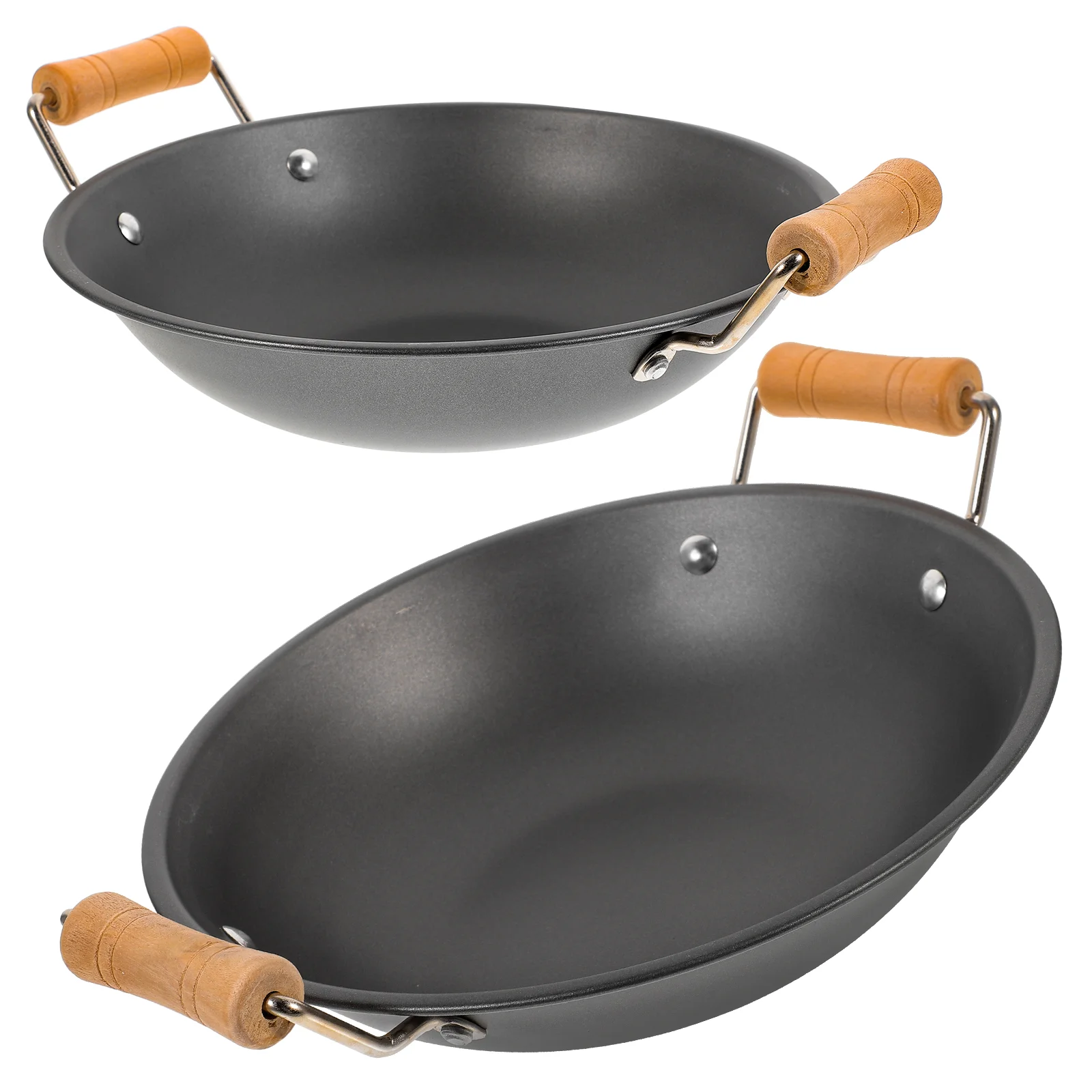 

2 Pcs Wok Stainless Steel Griddle Work on Stove Dry Pot Cooking Utensils Wooden Paella Pan