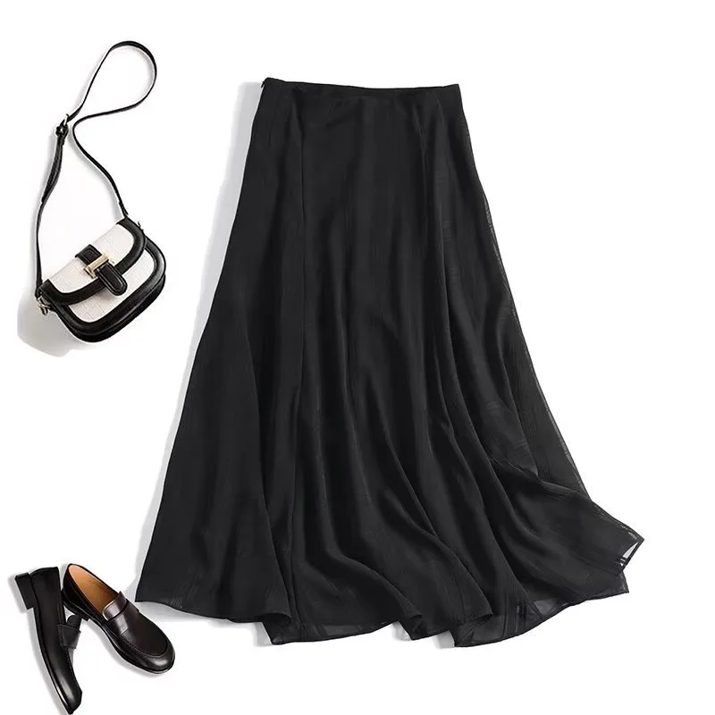 Maxdutti Southern French Texture Black Midi Skirt Minimalist Woman Clothes Elegant Fashion Temperament Wide Swing Women's Skirt
