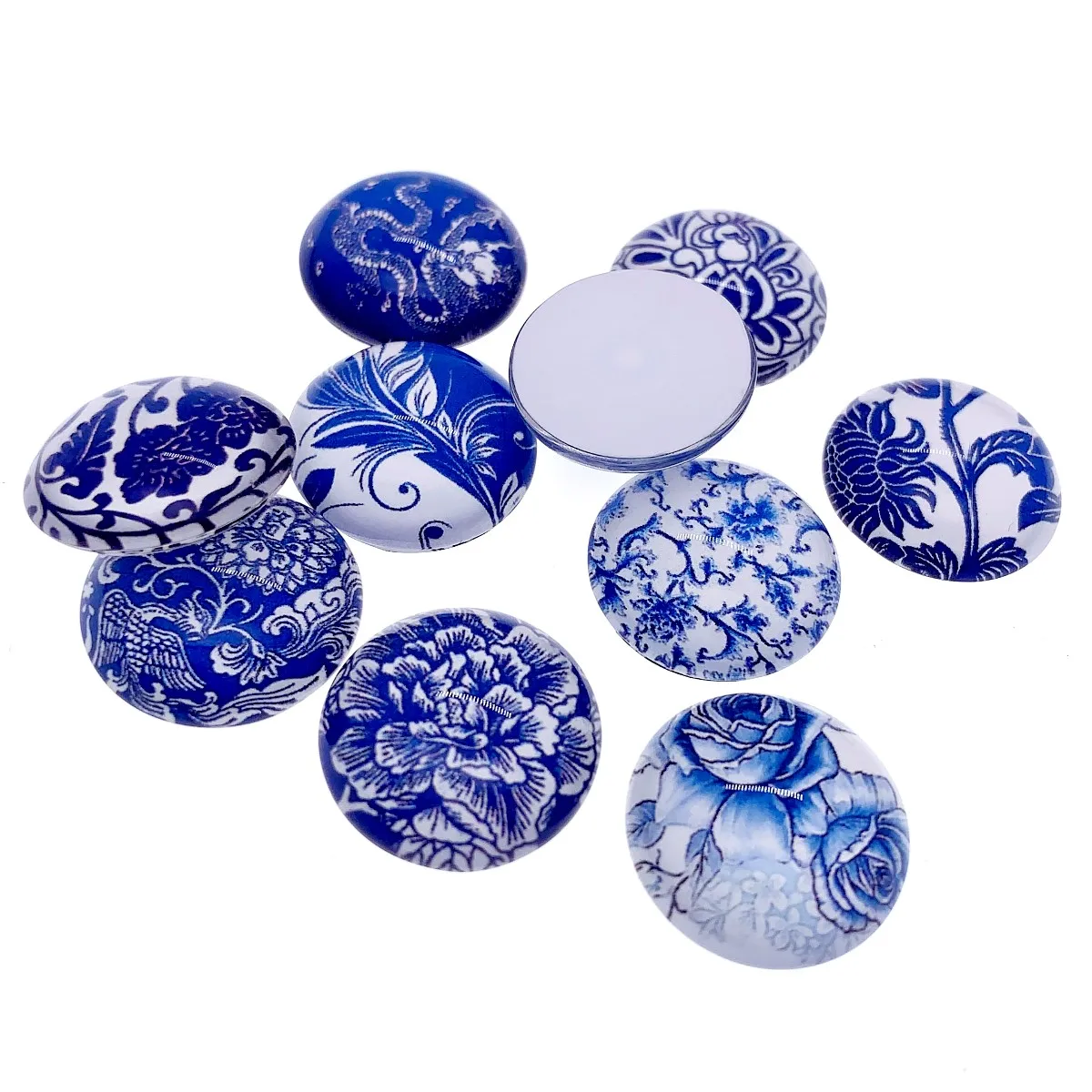 8 10 12 14 16 18 20 25 30mm Random Mixed Style Blue and white Porcelain Round Glass Cabochon Flatback Photo Base k04146