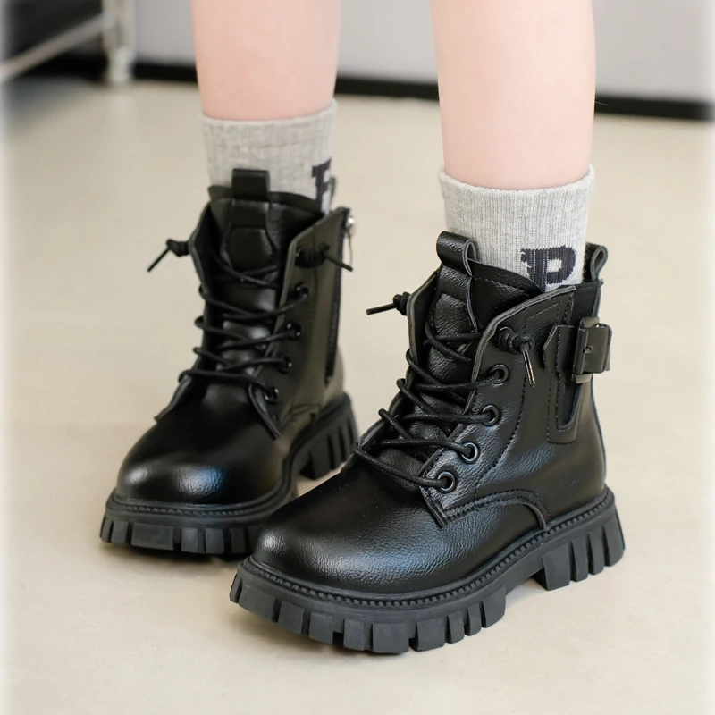 

Осенние ботинки из искусственной кожи для девочек, модная нескользящая детская повседневная обувь на тонкой плюшевой подкладке, износостойкие роскошные классические ботильоны для девочек