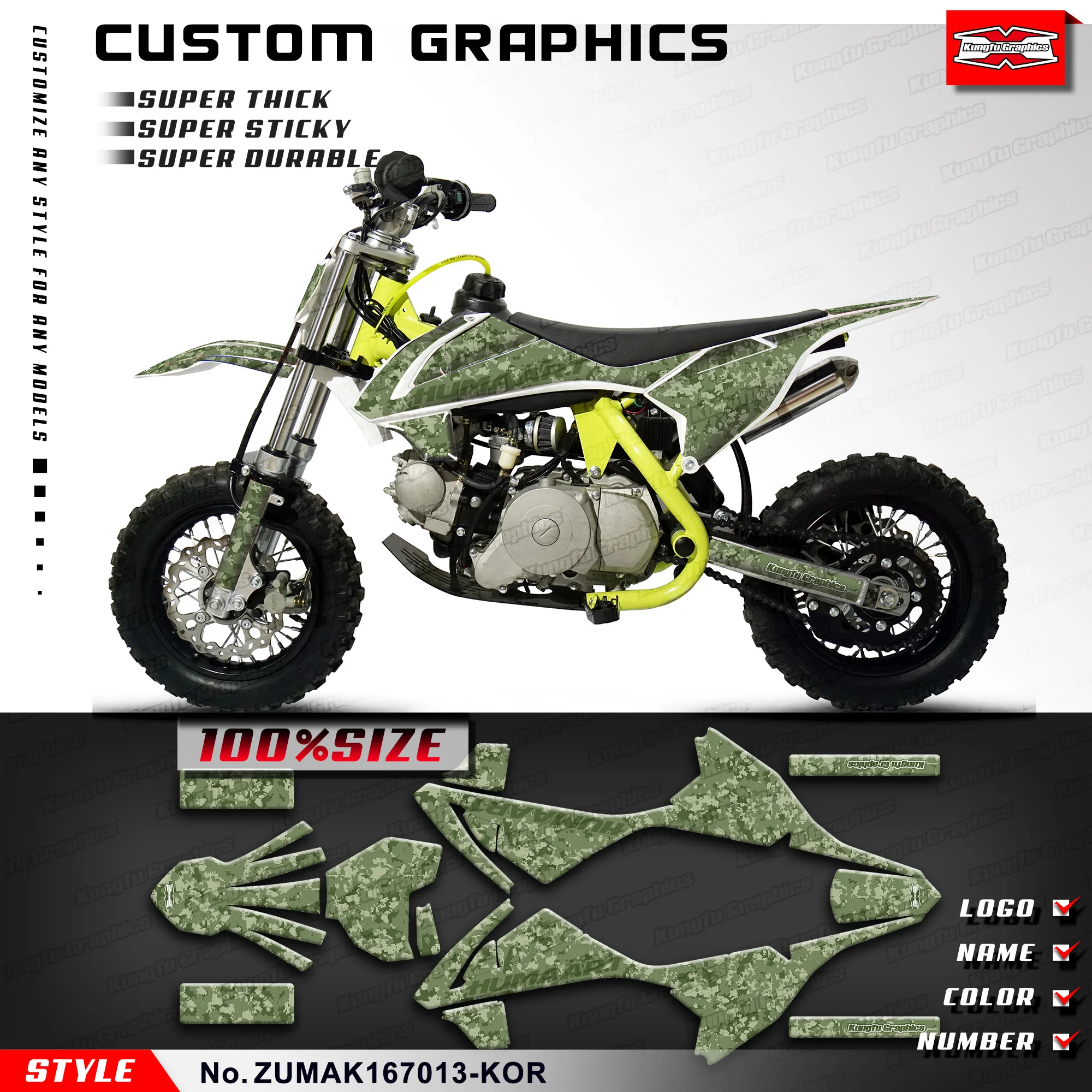 

KUNGFU GRAPHICS Kids Mini Dirt Bike Graphics Kit UV-resistant Vinyl for ZUUMAV K1 50 60 70, Shield, ZUMAK167013-KOR