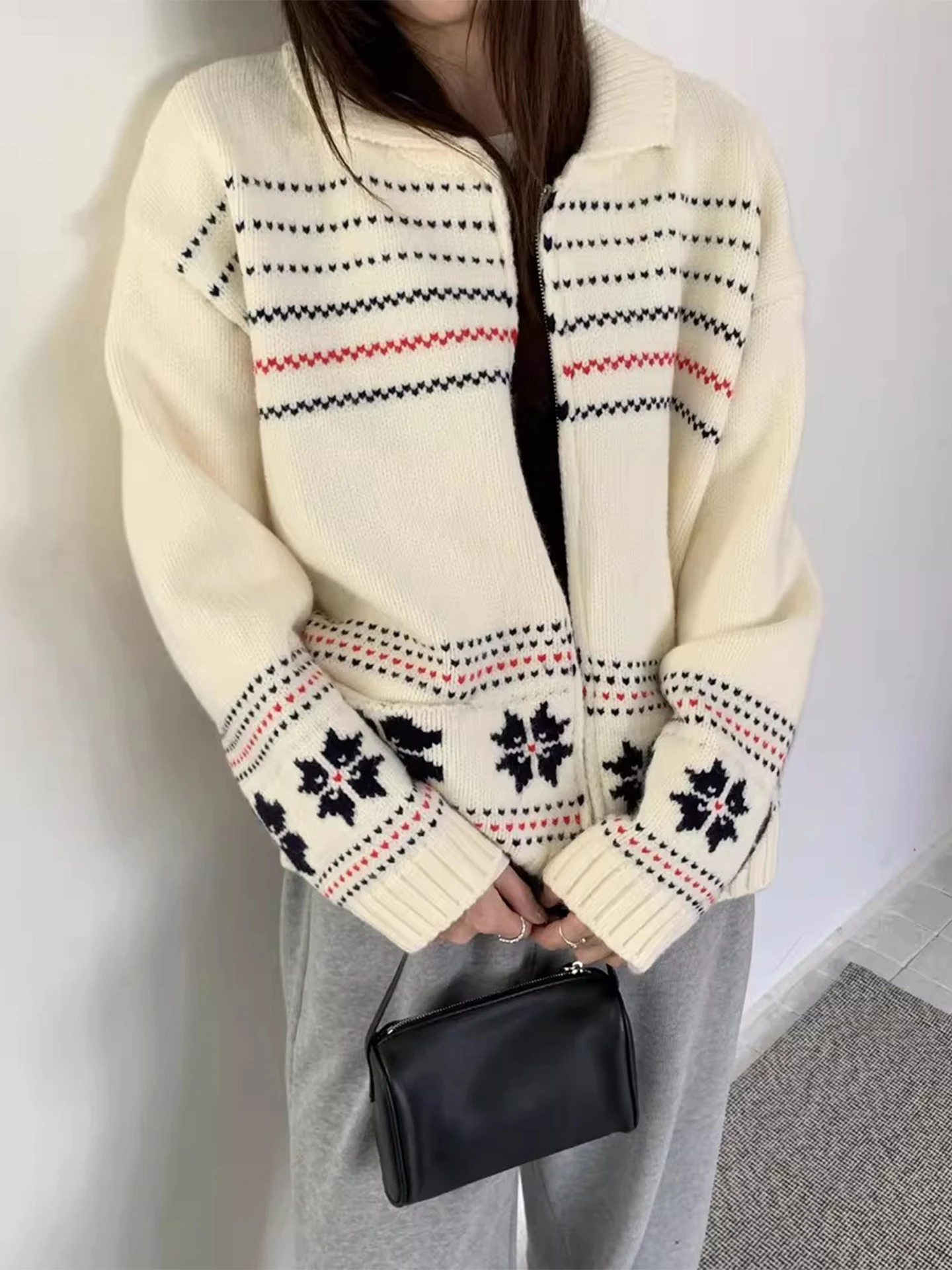 Retro anti-envelhecimento duplo zíper fair isle camisola de malha jaet feminino outono inverno turn-down colarinho ket aberto cardigan topo