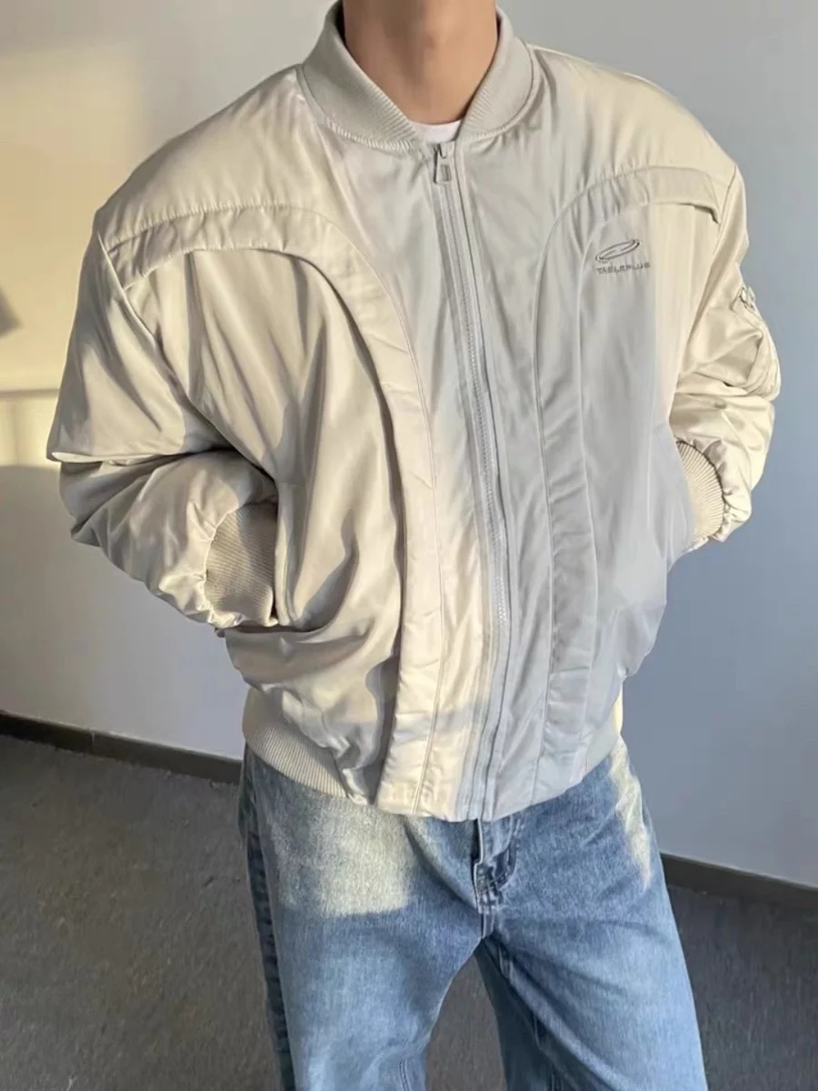 

American Retro Letter Split Design Winter Thiened Baseball Jaet Cotton Coat ex Deconstructed Cotton Outerwear