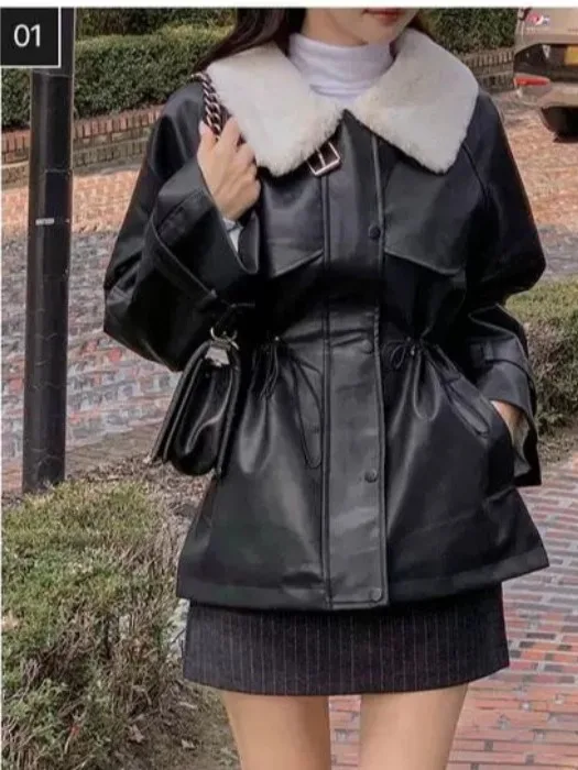 

Korean Faion High Ne Dstring Waist Warm Outerwear Women's Winter New Sle Elegance High-End Bla Leather Jaet