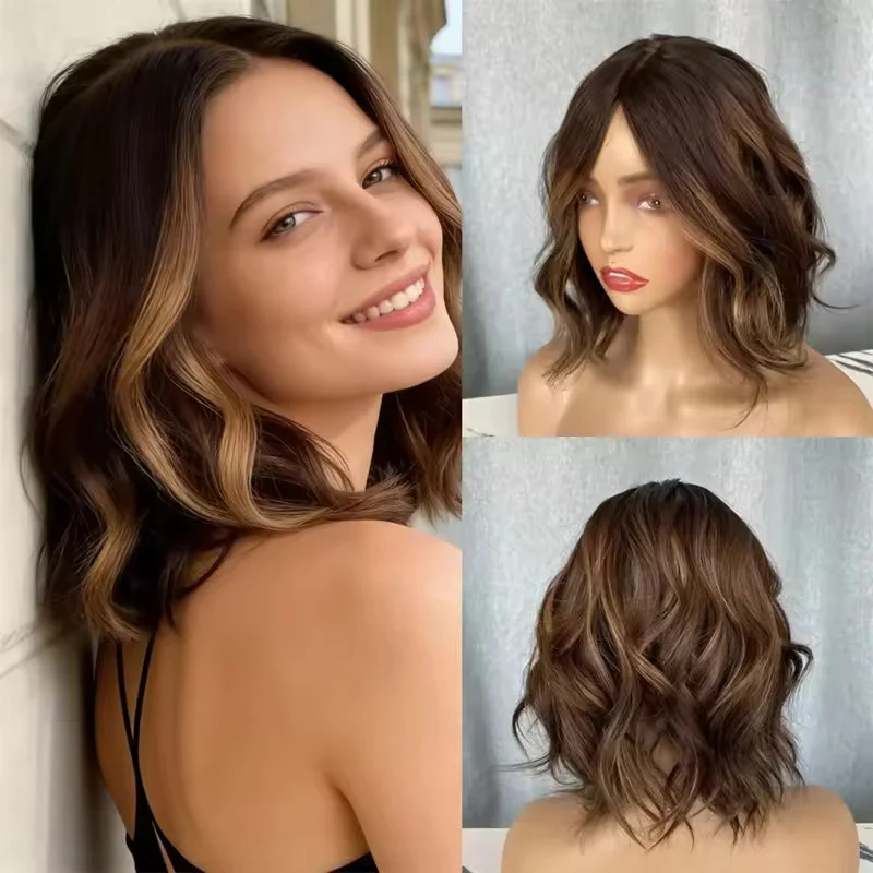 Ombre Dark Brown Blonde Balayage Highlights Lace Front 100% Human Hair Wigs
