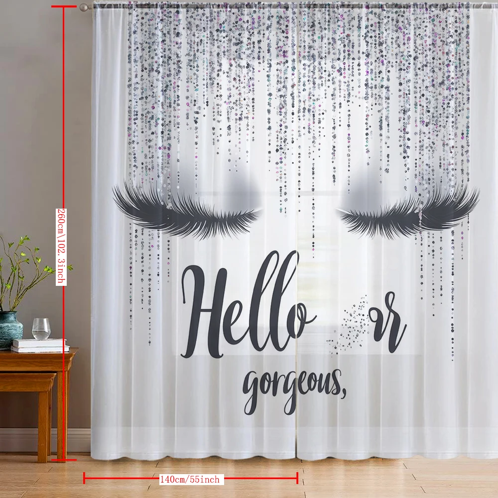2PCS Gray eyelash printed window screens with pole pockets, suitable for kitchens, cafes, and living rooms