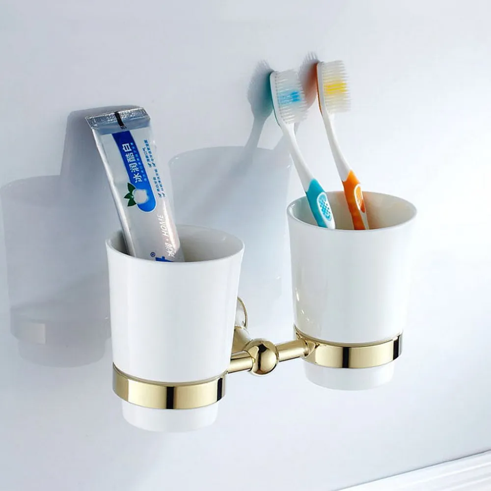 

Luxury Gold Color Brass Toothbrush Holder Bathroom Accessories Toothbrush Holder Ceramic Cup Wall Mount Nba880