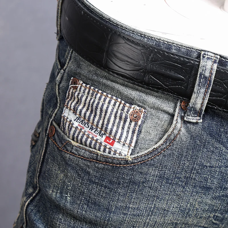 Fashion Trendy Men Jeans Retro Washed Elastic Stretch Slim Fit Ripped Jeans Men Vintage Trousers Patched Designer Denim Pants
