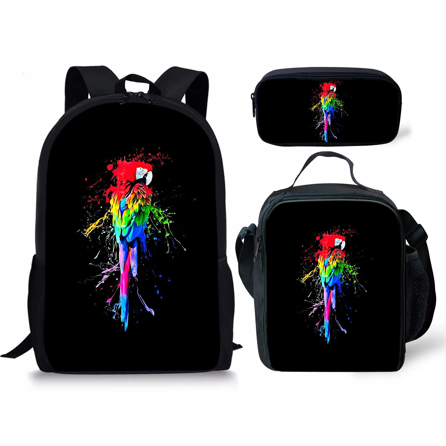 

3 Pack Colorful Parrot Print Boys Girls Backpack Student School Bag Crossbody Lunch Bag Pencil Bag Teenager Casual Backpack