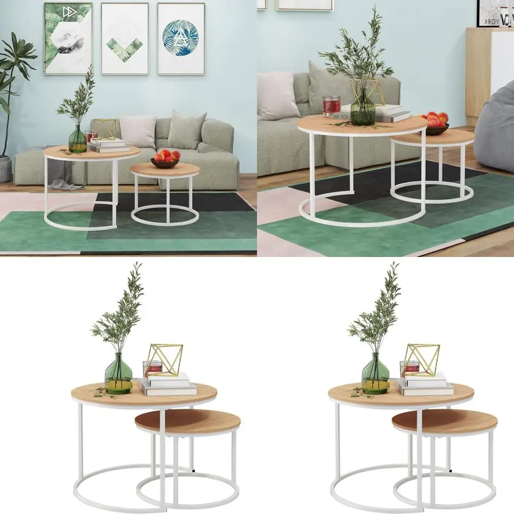 

Пара современных промышленных журнальных столиков и торцевых столиков, штабелируемых, простая сборка, деревянный вид с металлическим каркасом, акцентный мех из белого и тикового дерева